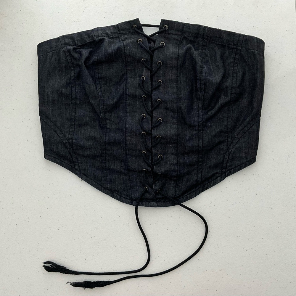 JP Fashion Women Black Denim Lace-Up Zipper Bustier Corset Crop Tube Top